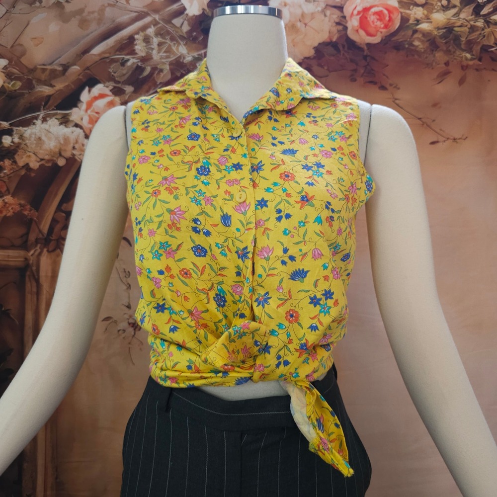 Vintage 1990s Blouse Top California Shipment Yellow Floral Sleeveless Button Up